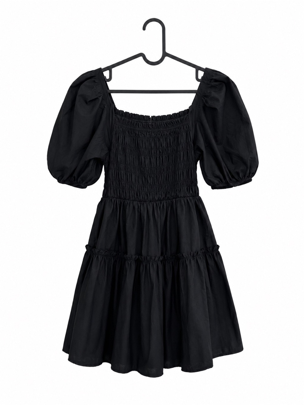 OAK + FORT Black Smocked Puff-Sleeve Tiered Midi Dress